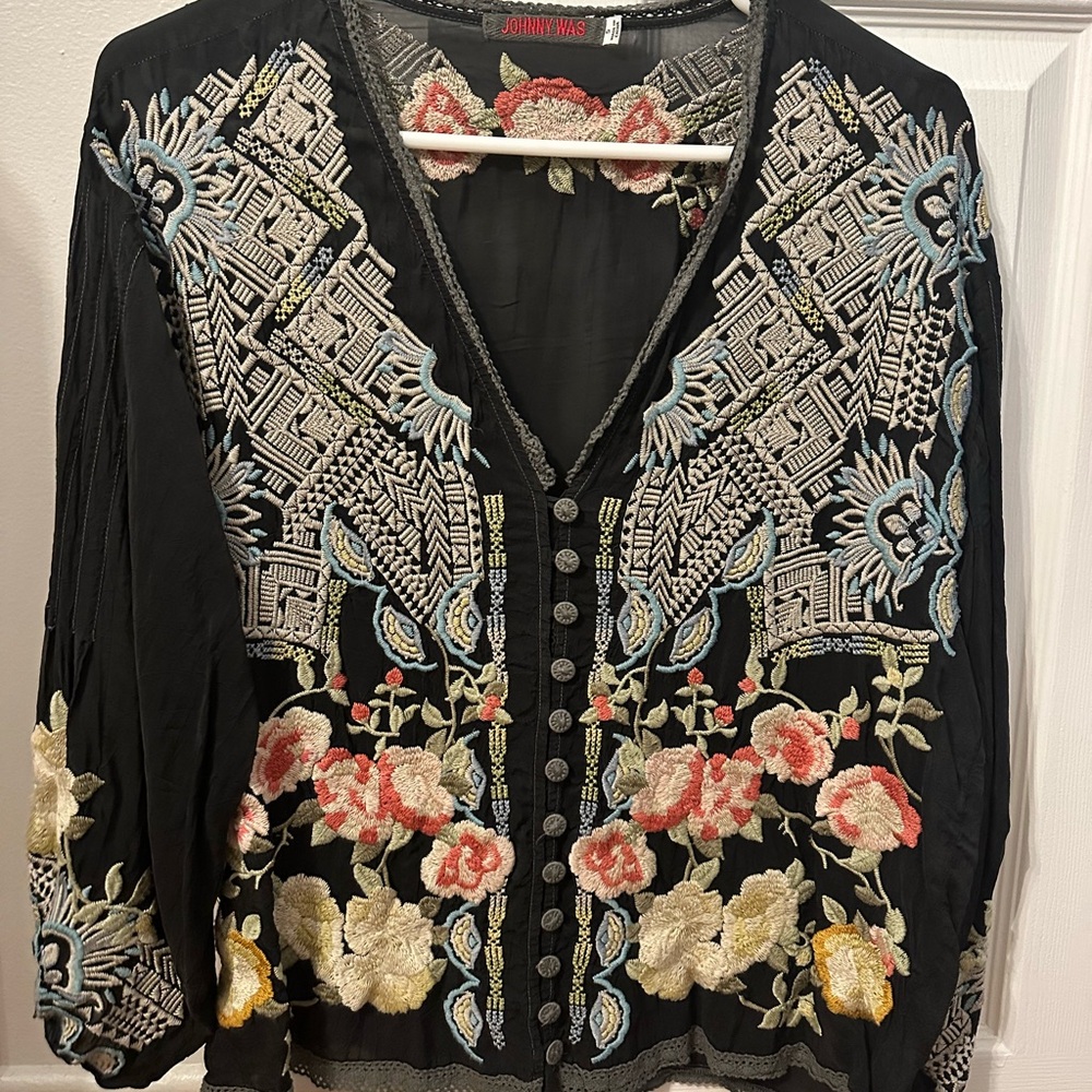 Johnny Was Black Top with Floral Embroidery